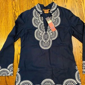 NWT Tory Burch Embroidered Navy Blue 100% Cotton Tunic Top Size 12